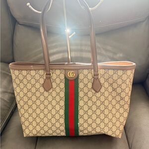 Gucci Beige and Brown Tote with Red and Green Stripe